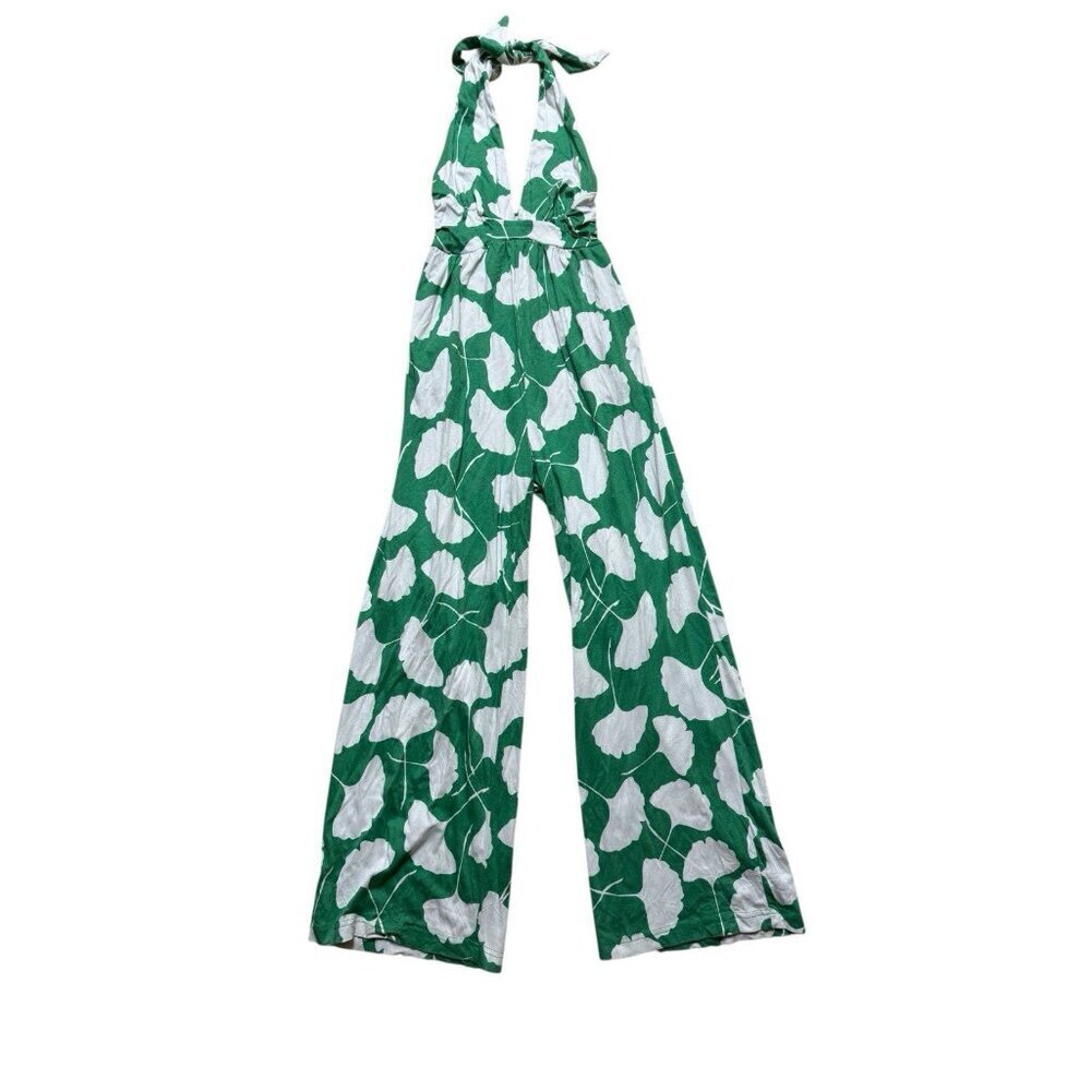 Diane von Furstenberg Halter Wide Leg Jumpsuit Green Print Womens S - Picture 2 of 5